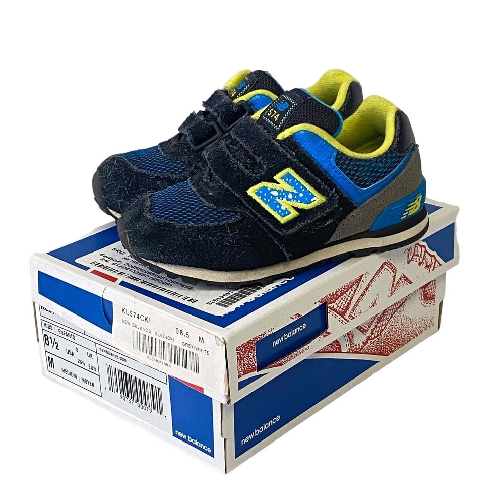 New Balance NB574 Toddler Size 8.5 Black Neon Yellow Boys Sneakers Hook & Loop